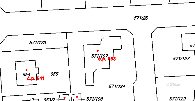 Šeberov 863, Praha na parcele st. 571/197 v KÚ Šeberov, Katastrální mapa