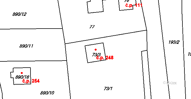 Křtiny 248 na parcele st. 73/3 v KÚ Křtiny, Katastrální mapa