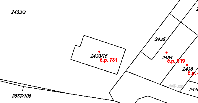 Bosonohy 731, Brno na parcele st. 2433/16 v KÚ Bosonohy, Katastrální mapa
