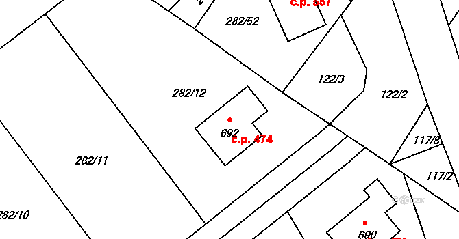 Lázně Toušeň 474 na parcele st. 692 v KÚ Lázně Toušeň, Katastrální mapa