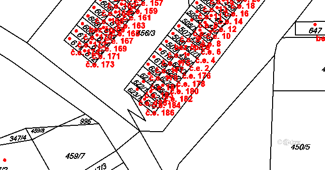 Rybitví 182 na parcele st. 626/2 v KÚ Rybitví, Katastrální mapa