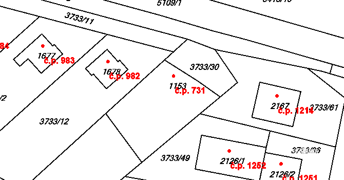 Vizovice 731 na parcele st. 1153 v KÚ Vizovice, Katastrální mapa