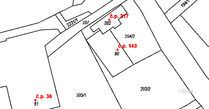 Klokočov 143, Vítkov na parcele st. 80 v KÚ Klokočov u Vítkova, Katastrální mapa