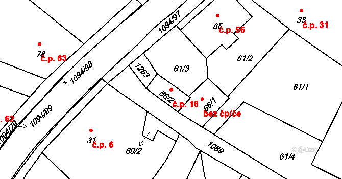 Borovy 16 na parcele st. 66/2 v KÚ Borovy, Katastrální mapa