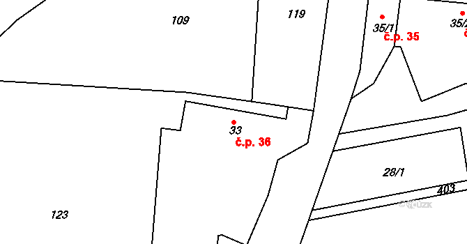 Srbce 36, Luže na parcele st. 33 v KÚ Srbce u Luže, Katastrální mapa