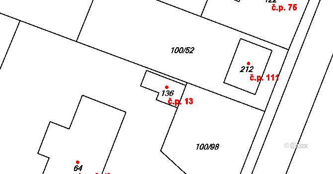 Třibřichy 13 na parcele st. 136 v KÚ Třibřichy, Katastrální mapa