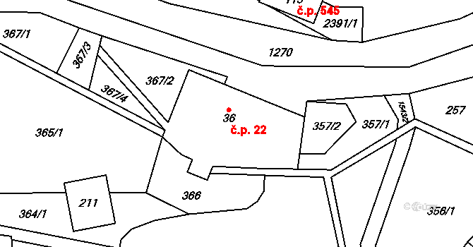 Hanušovice 22 na parcele st. 36 v KÚ Hanušovice, Katastrální mapa