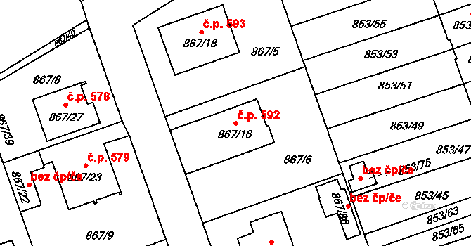Lázně Bohdaneč 592 na parcele st. 867/16 v KÚ Lázně Bohdaneč, Katastrální mapa