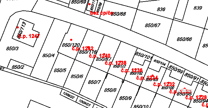 Mohelnice 1238 na parcele st. 850/87 v KÚ Mohelnice, Katastrální mapa