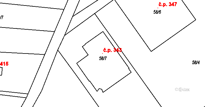 Mstišov 343, Dubí na parcele st. 58/7 v KÚ Mstišov, Katastrální mapa
