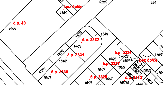 Milovice 3332 na parcele st. 164/3 v KÚ Milovice nad Labem, Katastrální mapa