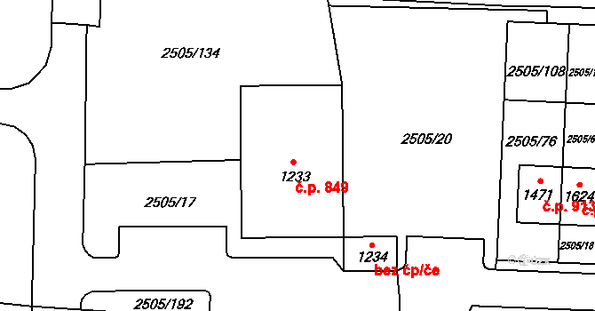 Dobřany 849 na parcele st. 1233 v KÚ Dobřany, Katastrální mapa