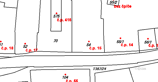 Vranov nad Dyjí 15 na parcele st. 54 v KÚ Vranov nad Dyjí, Katastrální mapa
