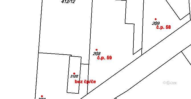 Hasina 59, Rožďalovice na parcele st. 208 v KÚ Hasina, Katastrální mapa