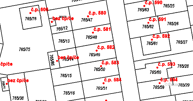 Hrušovany u Brna 582 na parcele st. 765/49 v KÚ Hrušovany u Brna, Katastrální mapa