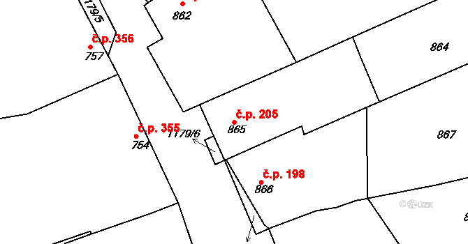 Šardice 205 na parcele st. 865 v KÚ Šardice, Katastrální mapa