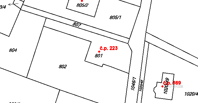 Krmelín 223 na parcele st. 801 v KÚ Krmelín, Katastrální mapa