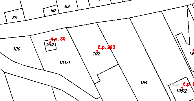 Staříč 283 na parcele st. 192 v KÚ Staříč, Katastrální mapa