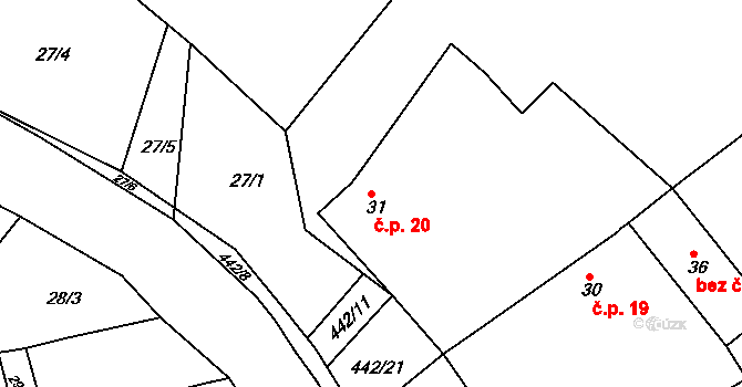 Kovářov 20, Bouzov na parcele st. 31 v KÚ Kovářov u Bouzova, Katastrální mapa