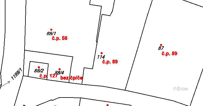 Běchary 89 na parcele st. 114 v KÚ Běchary, Katastrální mapa