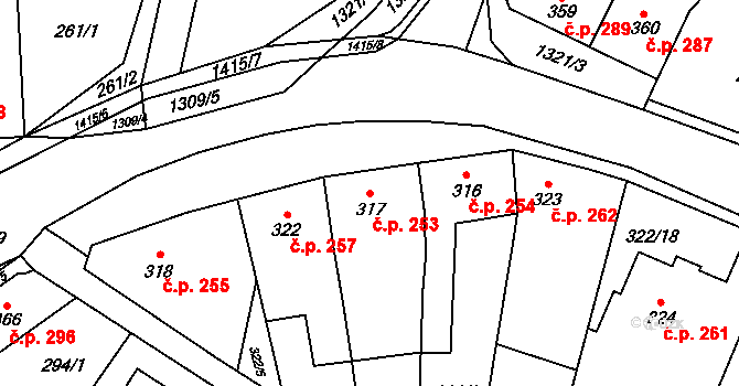 Miletín 253 na parcele st. 317 v KÚ Miletín, Katastrální mapa