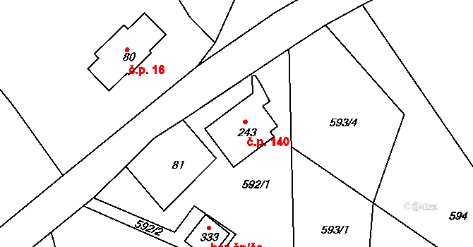 Bzí 140, Železný Brod na parcele st. 243 v KÚ Bzí u Železného Brodu, Katastrální mapa