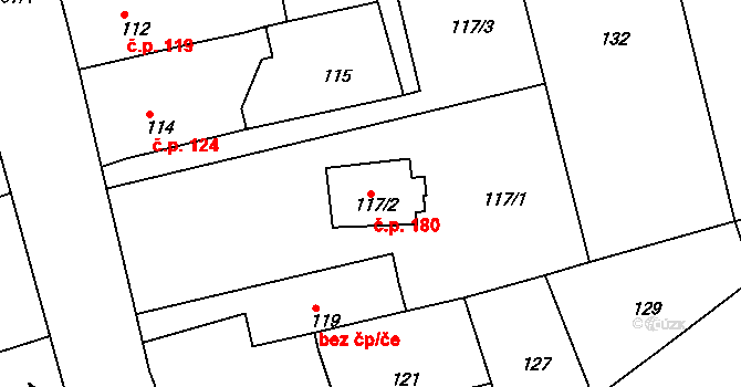 Hudcov 180, Teplice na parcele st. 117/2 v KÚ Hudcov, Katastrální mapa