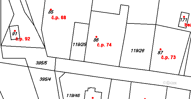 Mokrovousy 74 na parcele st. 86 v KÚ Mokrovousy, Katastrální mapa