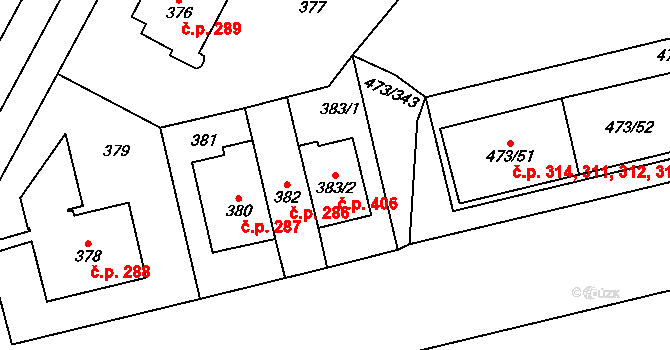 Veleslavín 406, Praha na parcele st. 383/2 v KÚ Veleslavín, Katastrální mapa