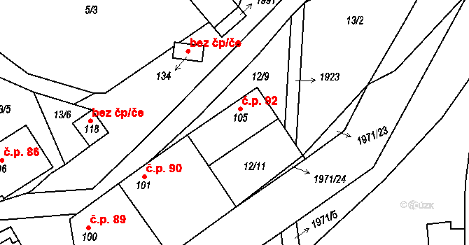Štěchovice 92 na parcele st. 105 v KÚ Štěchovice, Katastrální mapa
