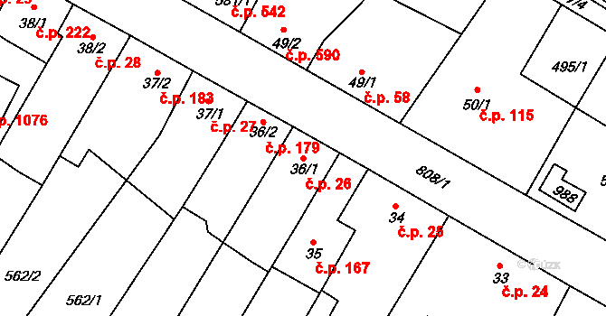Sezimovo Ústí 26 na parcele st. 36/1 v KÚ Sezimovo Ústí, Katastrální mapa