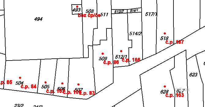Opatovice 86 na parcele st. 509 v KÚ Opatovice u Rajhradu, Katastrální mapa