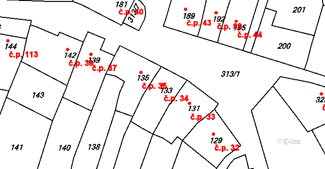 Horákov 34, Mokrá-Horákov na parcele st. 133 v KÚ Horákov, Katastrální mapa
