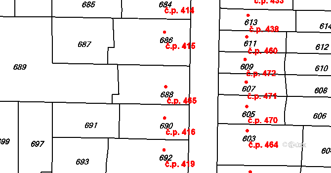 Střelice 465 na parcele st. 688 v KÚ Střelice u Brna, Katastrální mapa