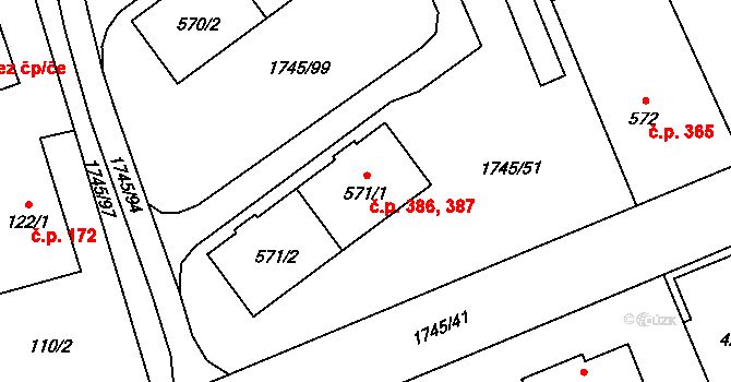 Mirošov 386,387 na parcele st. 571/1 v KÚ Mirošov, Katastrální mapa