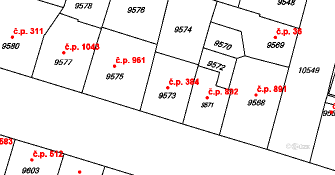 Jižní Předměstí 384, Plzeň na parcele st. 9573 v KÚ Plzeň, Katastrální mapa