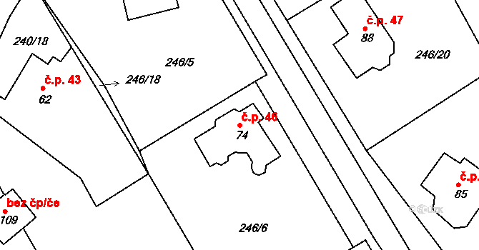 Druhanov 46 na parcele st. 74 v KÚ Druhanov, Katastrální mapa