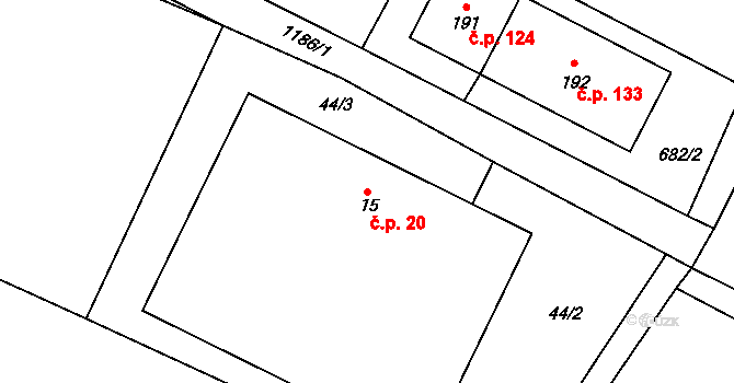 Děbolín 20, Jindřichův Hradec na parcele st. 15 v KÚ Děbolín, Katastrální mapa