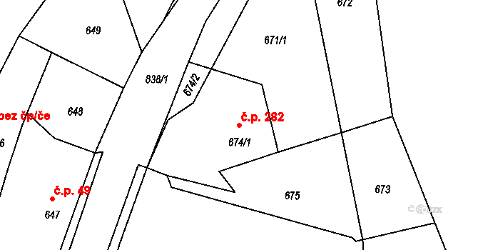 Černé Budy 282, Sázava na parcele st. 674/1 v KÚ Černé Budy, Katastrální mapa