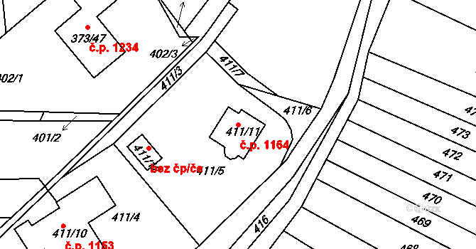 Rousínov 1164 na parcele st. 411/11 v KÚ Rousínov u Vyškova, Katastrální mapa