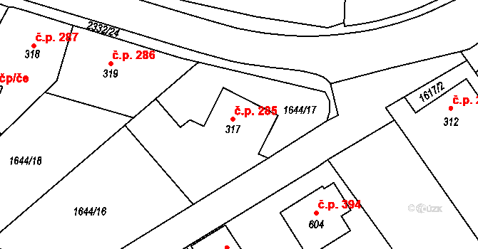 Křižanov 285 na parcele st. 317 v KÚ Křižanov, Katastrální mapa