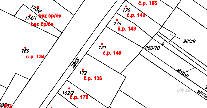 Drysice 149 na parcele st. 181 v KÚ Drysice, Katastrální mapa