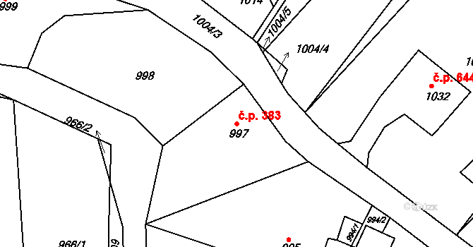 Buchlovice 383 na parcele st. 997 v KÚ Buchlovice, Katastrální mapa