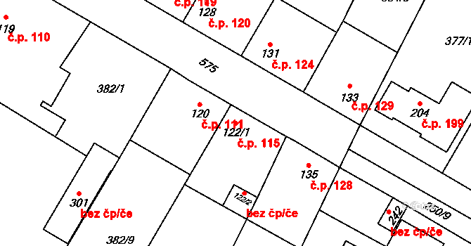 Cvrčovice 115 na parcele st. 122/1 v KÚ Cvrčovice, Katastrální mapa