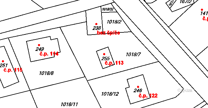 Jehnědí 113 na parcele st. 255 v KÚ Jehnědí, Katastrální mapa