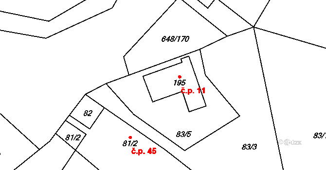 Oudoleň 11 na parcele st. 195 v KÚ Oudoleň, Katastrální mapa