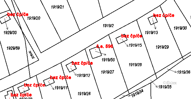 Miřetice u Klášterce nad Ohří 596, Klášterec nad Ohří na parcele st. 1919/50 v KÚ Miřetice u Klášterce nad Ohří, Katastrální mapa