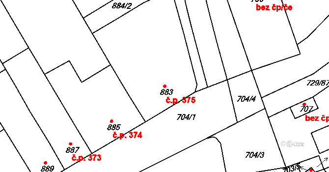 Hrušky 375 na parcele st. 883/1 v KÚ Hrušky, Katastrální mapa