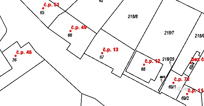 Jarohněvice 13 na parcele st. 67 v KÚ Jarohněvice, Katastrální mapa