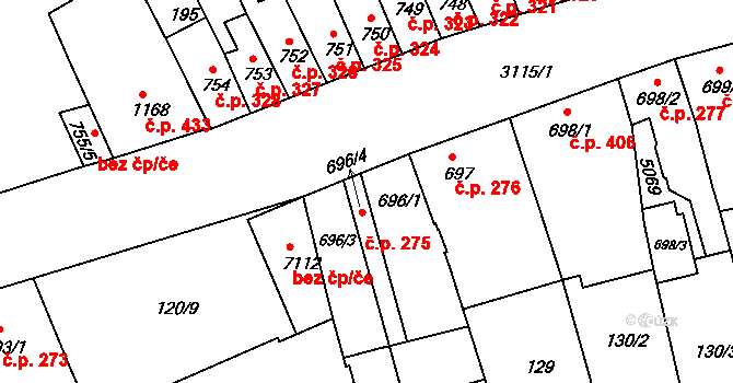 Kroměříž 275 na parcele st. 696/1 v KÚ Kroměříž, Katastrální mapa